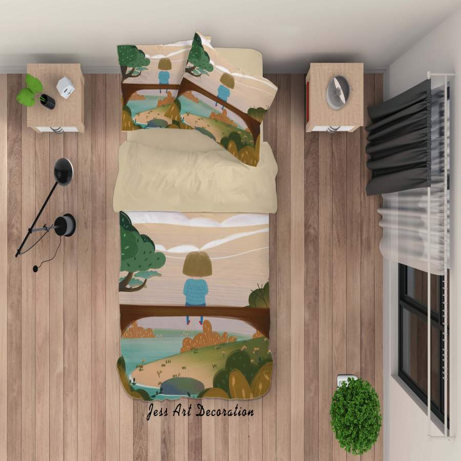 3D Girl Bridge Lake Painting Quilt Cover Set Bedding Set Duvet Cover Pillowcases A441 LQH