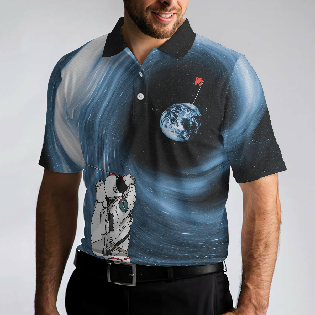 Astronaut Golfing Outer Space Black Golf Polo Shirt Men Polo Shirt