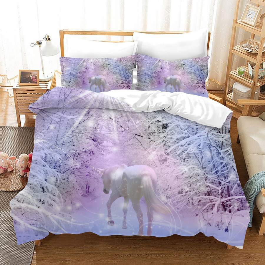 3D Purple Sunshine Snow Forest Unicorn Quilt Cover Set Bedding Set Duvet Cover Pillowcases JN1005