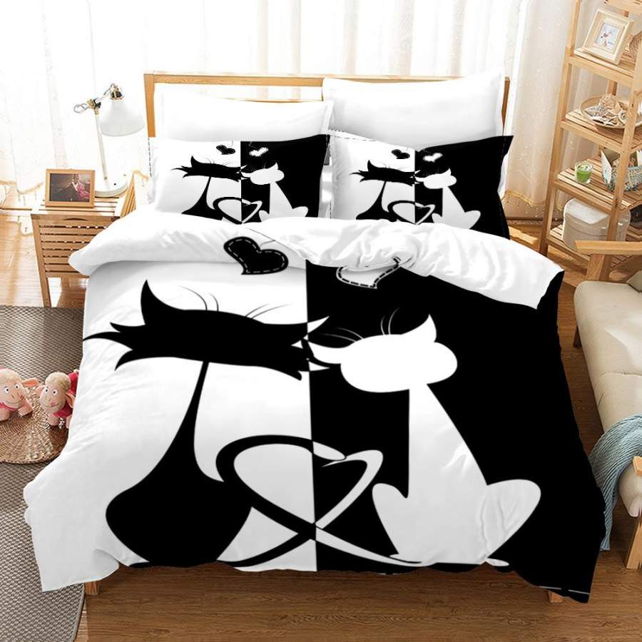 3D Black White Cat Kitty Quilt Cover Set Bedding Set Duvet Cover Pillowcases SF39