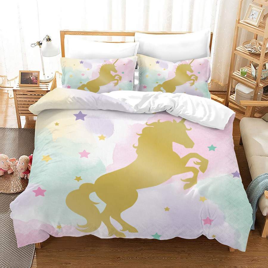 3D Golden Unicorn Quilt Cover Set Bedding Set Duvet Cover Pillowcases JN1039