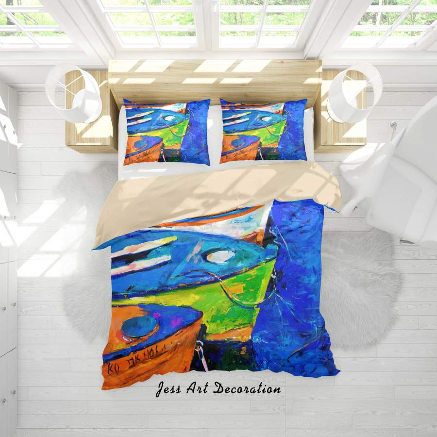 3D Ship’s Bow Blue Oil Painting Quilt Cover Set Bedding Set Duvet Cover Pillowcases A048 LQH