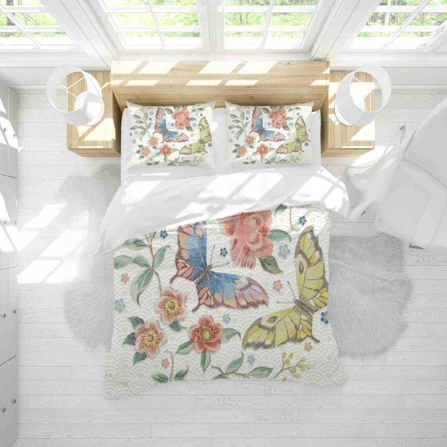 3D Embroidery Butterfly Floral Quilt Cover Set Bedding Set Duvet Cover Pillowcases SF005