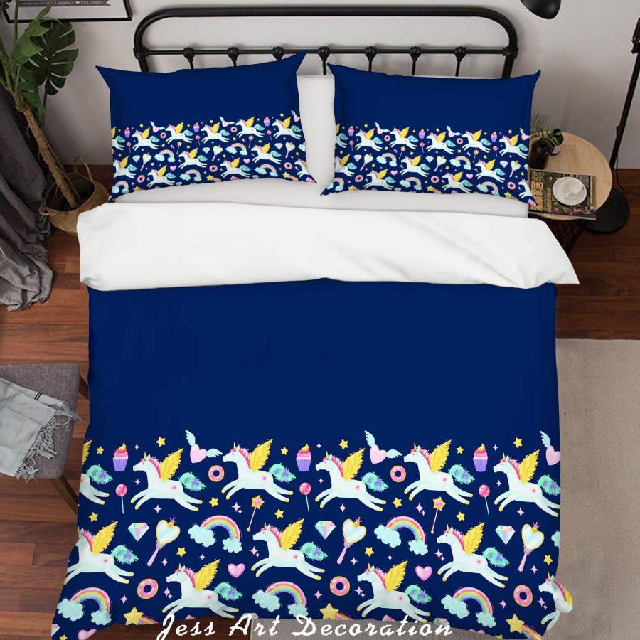 3D Blue Unicorn Rainbow Quilt Cover Set Bedding Set Pillowcases 65