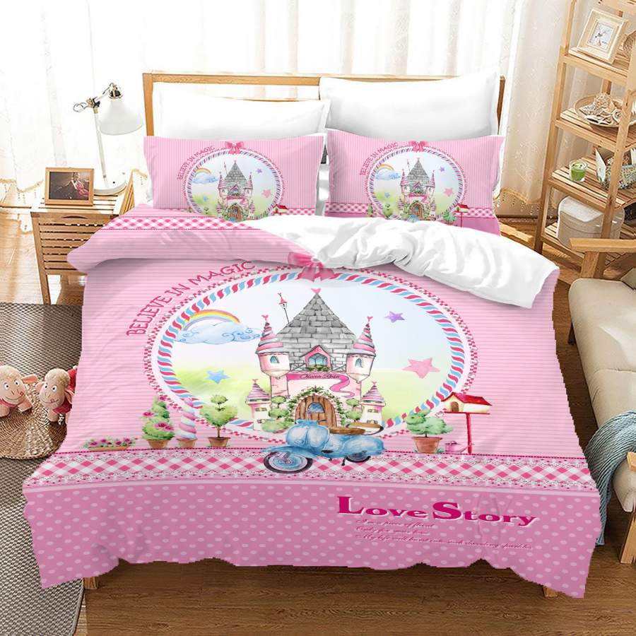 3D Cartoon Castle Pink Quilt Cover Set Bedding Set Duvet Cover Pillowcases A652 LQH