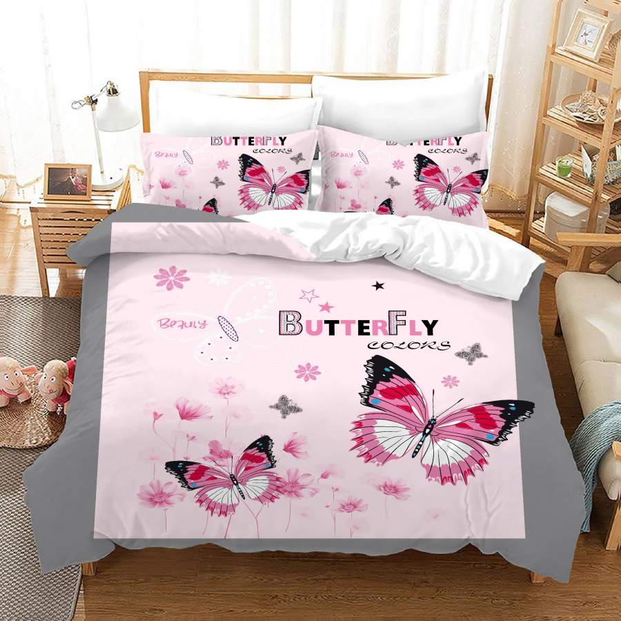 3D Pink Colorful Butterfly Floral Quilt Cover Set Bedding Set Duvet Cover Pillowcases JN 1116