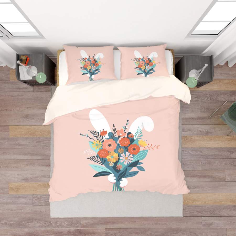 3D Pink Rabbit Ears Floral Quilt Cover Set Bedding Set Duvet Cover Pillowcases SF49