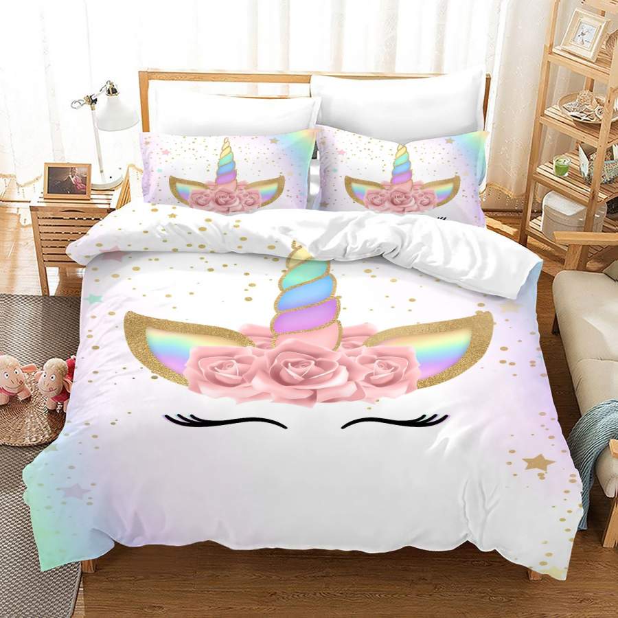 3D Rainbow Cartoon Unicorn Quilt Cover Set Bedding Set Duvet Cover Pillowcases JN1040