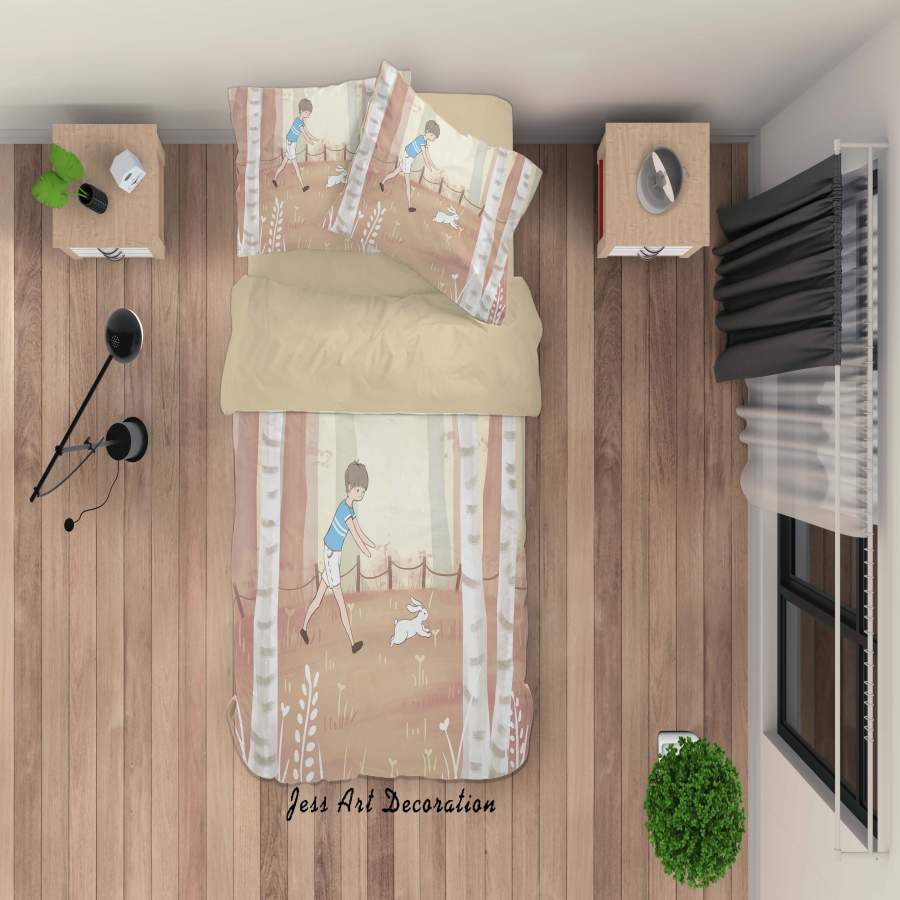 3D Wood Boy White Rabbit Painting Quilt Cover Set Bedding Set Duvet Cover Pillowcases A462 LQH