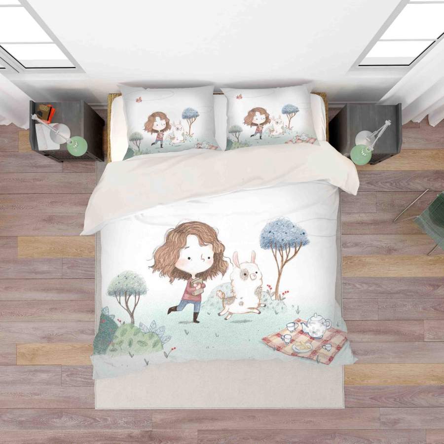 3D Cartoon Girl Sheep Trees Plants Picnic Quilt Cover Set Bedding Set Duvet Cover Pillowcases SF055