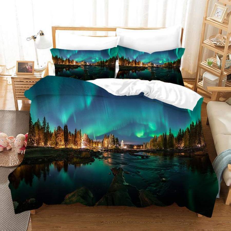 3D  Green Qurora  Bright Quilt Cover Set Bedding Set Duvet Cover Pillowcases  D05 ZY