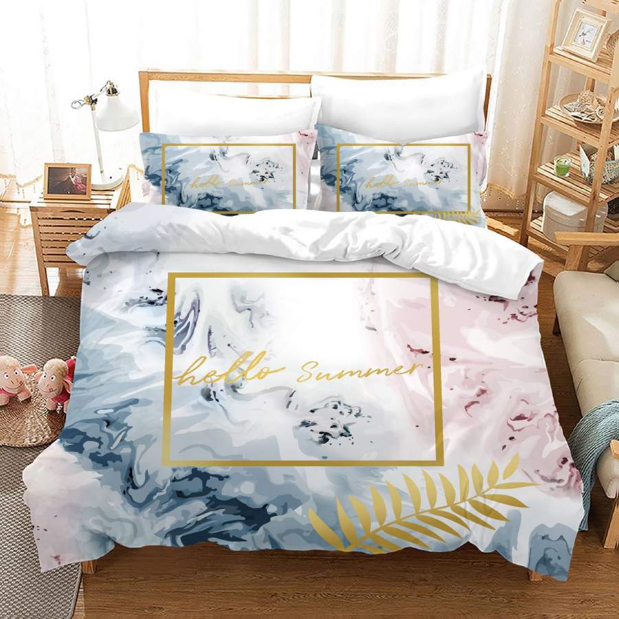 3D Golden Leaves Marble Pattern Quilt Cover Set Bedding Set Duvet Cover Pillowcases JN 1110