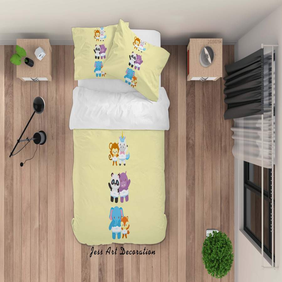 3D Yellow Cartoon Animal Unicorn Monkey Panda Hippo Elephant Fox Quilt Cover Set Bedding Set Duvet Cover Pillowcases SF86