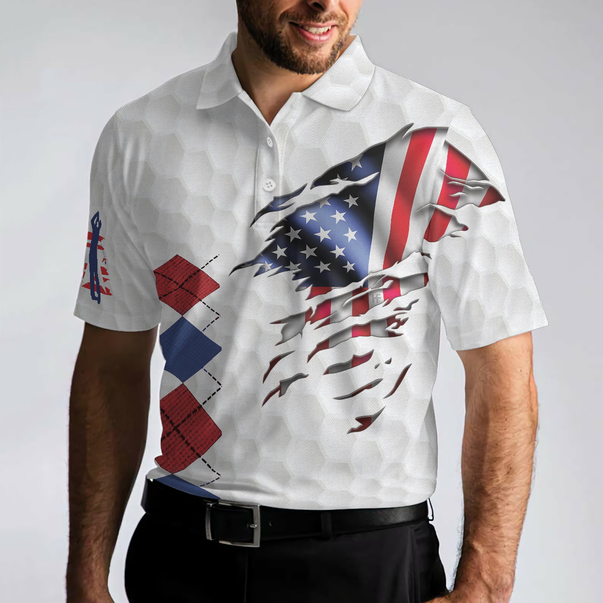 White Golf Texture American Flag Men Polo Shirt