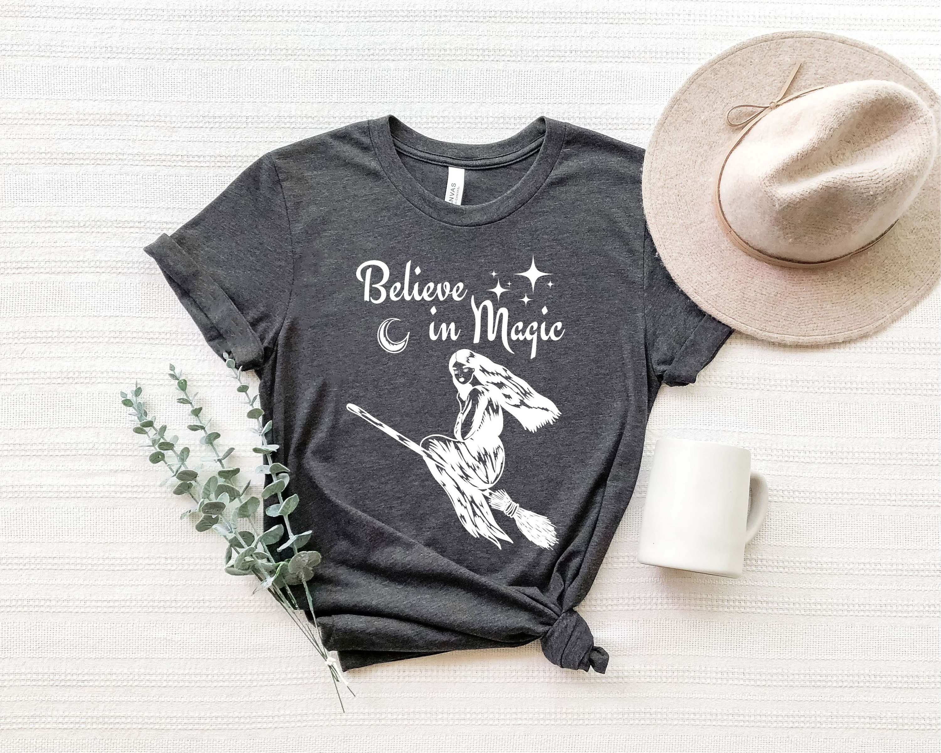 Witchy Believe in Magic Tshirt, Celestial Magic Tee Shirt, Cute Witch on Broom Shirt, Moon and Stars Witch Magic T Shirt, Witchy Girl Gift