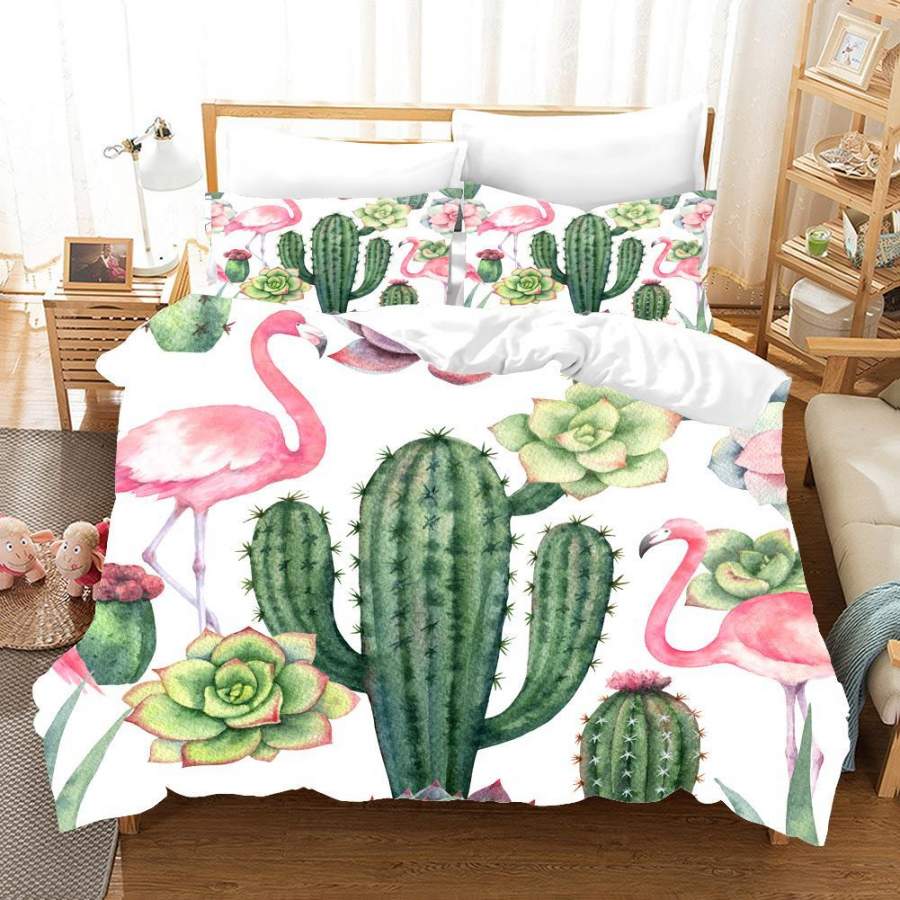 3D Watercolor Succulent Flamingo Quilt Cover Set Bedding Set Pillowcases  58