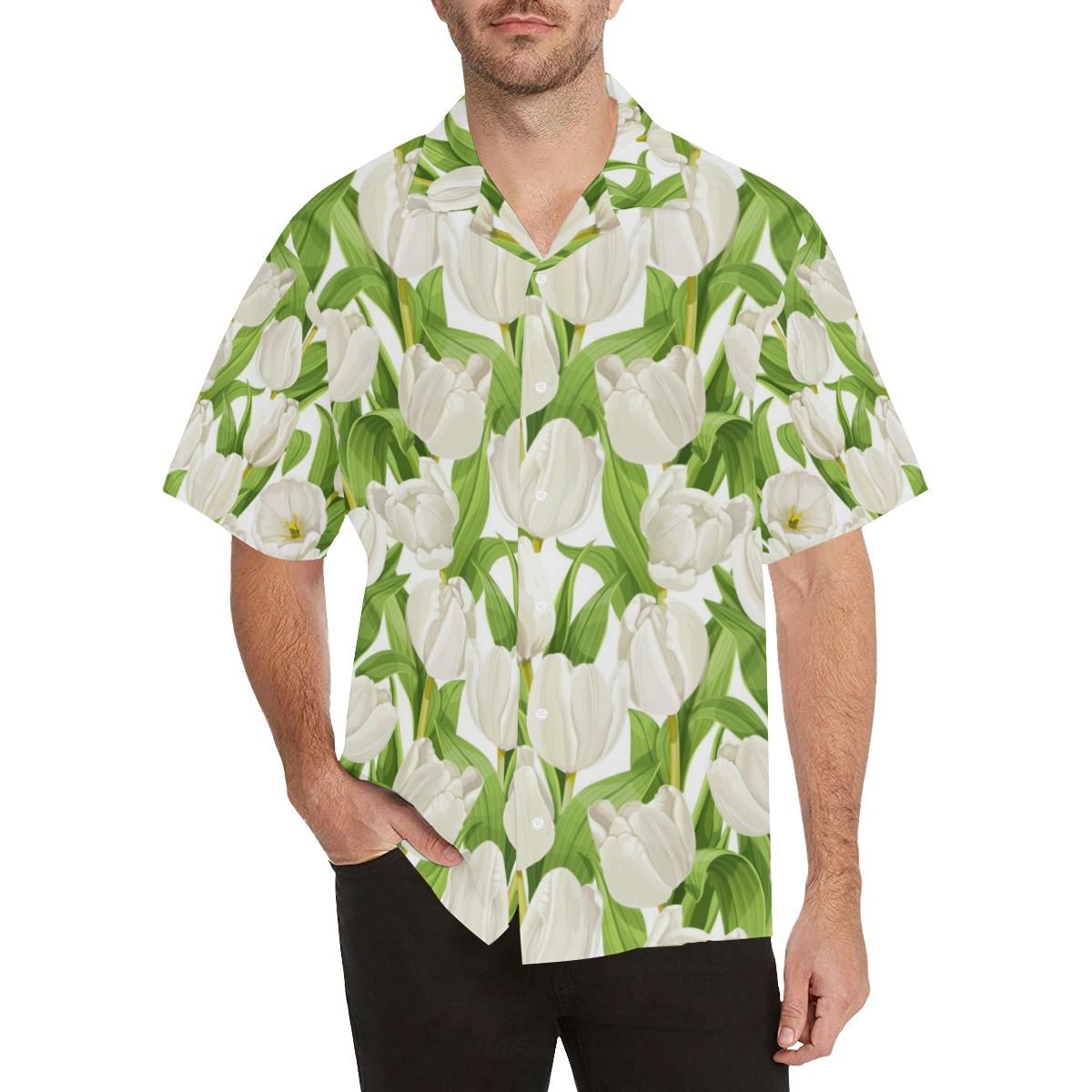 White Tulip Pattern Men’s All Over Print Hawaiian Shirt