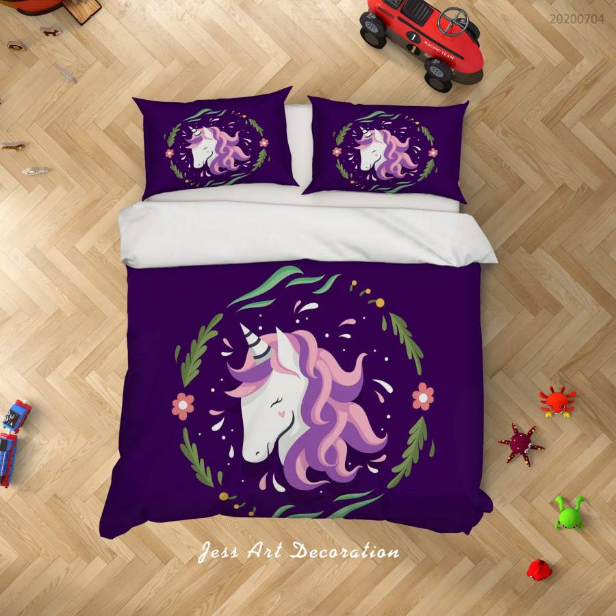 3D Dark Purple Unicorn Quilt Cover Set Bedding Set Duvet Cover Pillowcases SF268