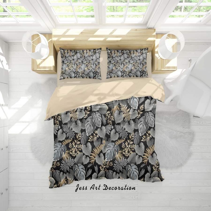 3D Black Gray Tropical Leaves Branch Quilt Cover Set Bedding Set Duvet Cover Pillowcases SF22